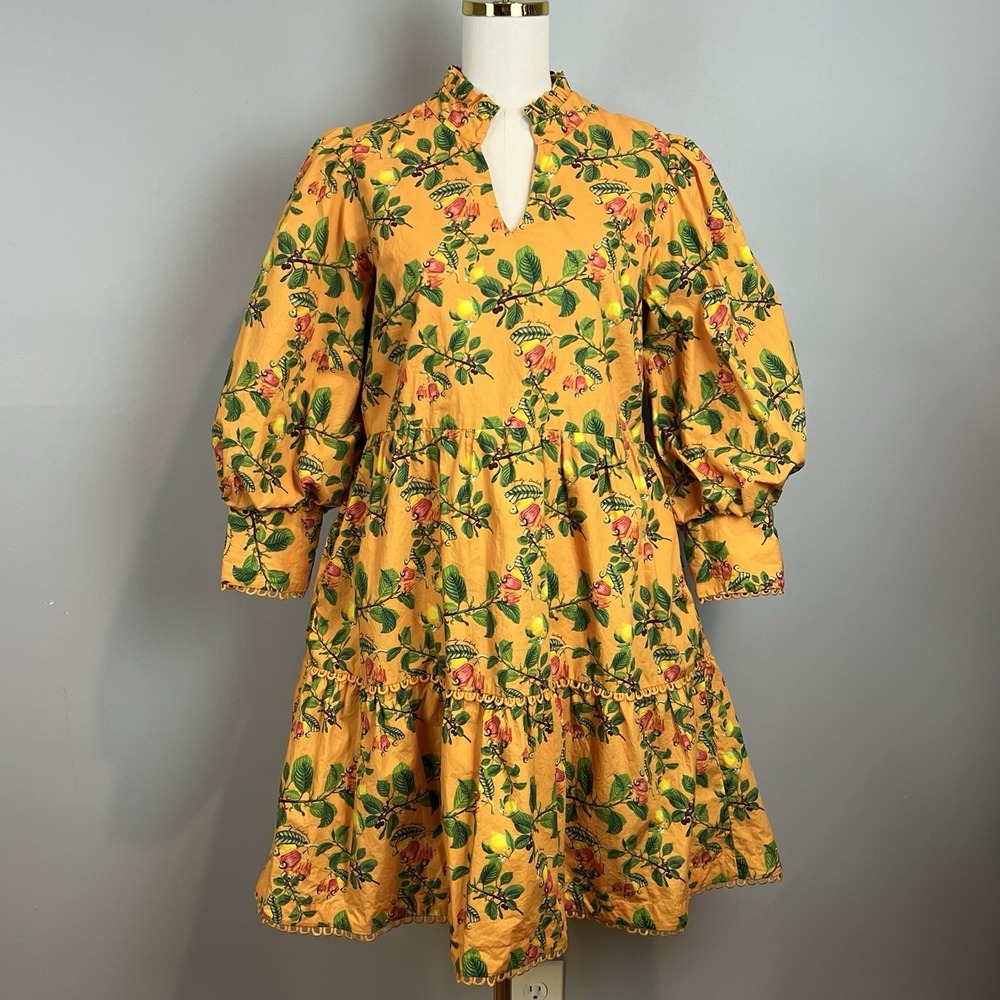 Emily Lovelock Stell Dress Womens Size Medium Mango Sorbet Yellow Print